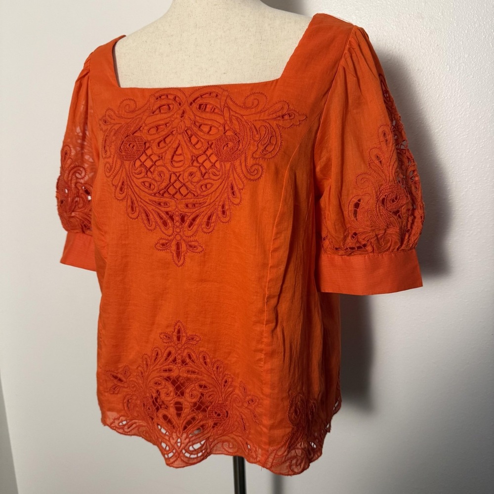 By Anthropologie Blouse Womens Small‎ Orange Embroidery Cutwork Peasant Bohemian - Picture 2 of 9
